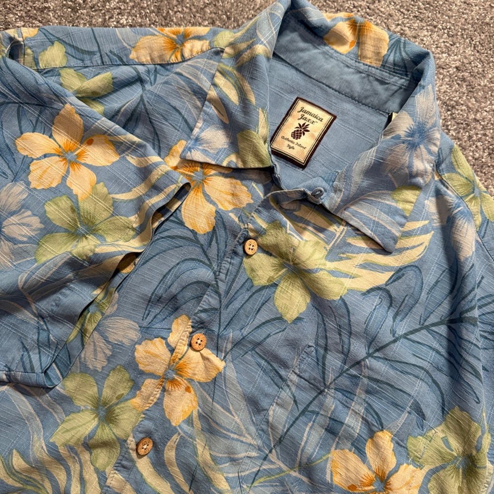 Jamaica Jaxx Shirt Mens XL Blue Floral 100% Silk Hawaiian Tropical Aloha Beach